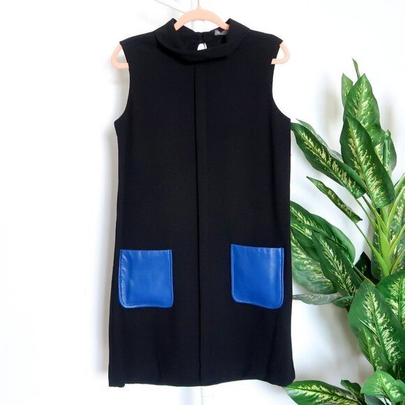 Anthropologie Dina Agam Black Crepe & Blue Lambskin Mock Sleeveless Shift Dress - Picture 7 of 16